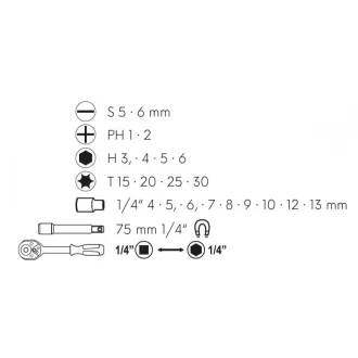   Sada nástrčných a nástrčných kľúčov 23 kusov 1/4" magnetického CrV