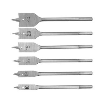   Sada plochých vrtákov na drevo 6 dielov (10-12-16-18-20-25 mm)