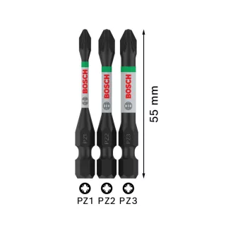   BOSCH PRO Súprava bitových špičiek Impact 3 kusy PZ1 / PZ2 / PZ3 x 55 mm 1/4" Hex
