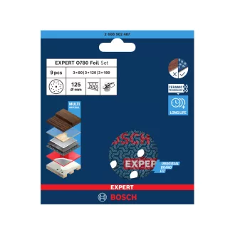   BOSCH EXPERT O780 Foil Súprava brúsnych kotúčov na suché brúsenie 9 dielna 125 mm keramické zrná