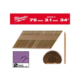   MILWAUKEE Stavebné klince, D-hlava, pozinkované 34° SC2 - 3,1 x 75 mm (2200 ks)