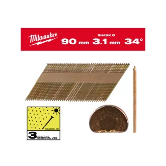   MILWAUKEE Stavebné klince, D-hlava, žiarovo zinkované 34° SC3 - 3,1 x 90 mm (2200 ks)
