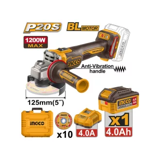   INGCO Akumulátorová uhlová brúčka 125 mm bezuhlíková 20 V (1 x 4,0 Ah akumulátor + nabíjačka)