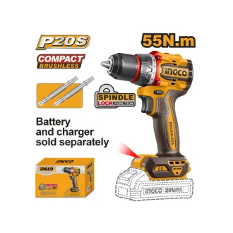   INGCO Aku vŕtačka-skrutkovač 55 Nm bezuhlíková 20 V (bez batérie a nabíjačky)