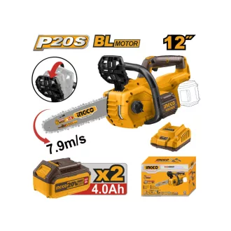   INGCO Akumulátorová reťazová píla 300 mm bezuhlíková 20 V (2 x 4,0 Ah batéria + nabíjačka)