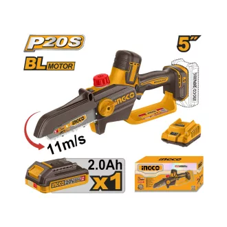   INGCO Aku reťazová píla 127 mm bez uhlíkov 20 V (1 x 2,0 Ah akumulátor + nabíjačka)