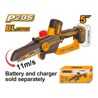   INGCO Akumulátorová reťazová píla 127 mm bez uhlíkov 20 V (bez batérie a nabíjačky)