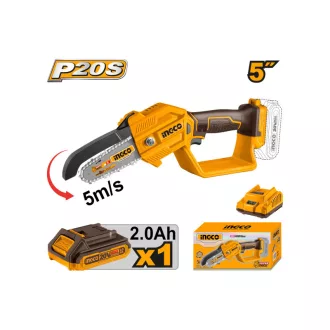   INGCO Akumulátorová reťazová píla 127 mm 20 V (1 x 2,0 Ah batéria + nabíjačka)