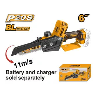   INGCO Akumulátorová reťazová píla 150 mm bezuhlíková 20 V (bez batérie a nabíjačky)