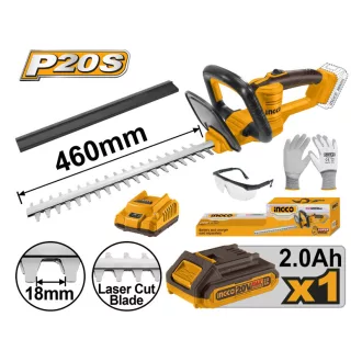   INGCO Akumulátorové nožnice na živý plot 460 mm 20 V (1 x 2,0 Ah akumulátor + nabíjačka)