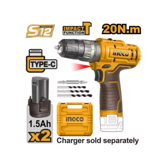   INGCO Bezdrôtový udierajúci vŕtačko-skrujka 20 Nm 12 V (2 x 1,5 Ah batéria, bez nabíjacího kábla)