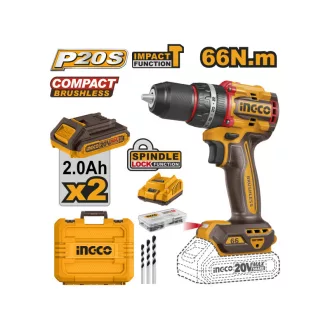   INGCO Akumulátorový vrtací skrutkovač 66 Nm bezuhlíkový 20 V (2 x 2,0 Ah batéria + nabíjačka)