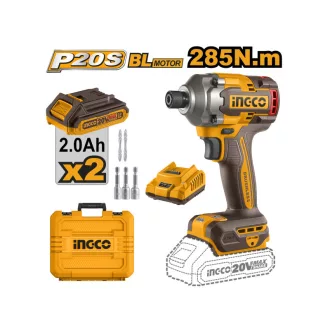   INGCO Akumulátorový udierajúci skrutkovač 1/4" 285 Nm bez uhlíkových kefiek 20 V (2 x 2,0 Ah batéria + nabíjačka)