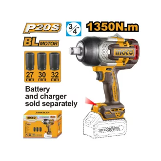   INGCO Akumulátorový impaktný skrutkovač 3/4" 1350 Nm bezuhlíkový 20 V (bez batérie a nabíjačky)