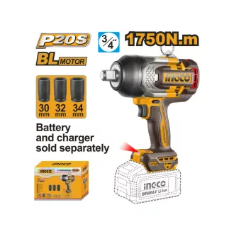   INGCO Akumulátorový rázový uťahovák 3/4" 1750 Nm bezuhlíkový 20 V (bez akumulátora a nabíjačky)