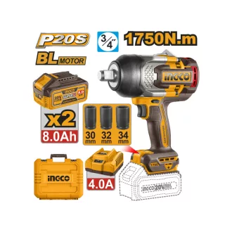   INGCO Akumulátorový rázový skrutkovač 3/4" 1750 Nm bezuhlíkový 20 V (2 x 8,0 Ah akumulátor + nabíjačka)