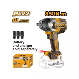   INGCO Akumulátorový ťahový skrutkovač 1/2" 850 Nm bezuhlíkový 20 V (bez batérie a nabíjačky)