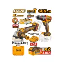 INGCO Aku set 20 V Vŕtačka-skrutkovač 66 Nm + uhlová brúska 115 mm (2 batérie + nabíjačka)