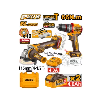   INGCO Aku set 20 V Vŕtačka-skrutkovač 66 Nm + uhlová brúska 115 mm (2 batérie + nabíjačka)