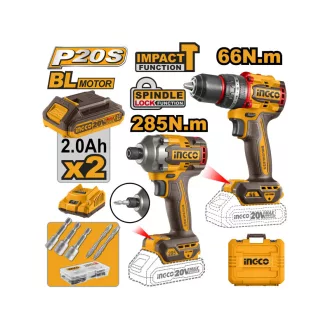   INGCO Akumulátorový balík 20 V Úderné vŕtačky-skrujky 66 Nm+Úderné skrutkovacie kľúče 1/4" 285 Nm (2 ks akumulátor + nabíjačka)