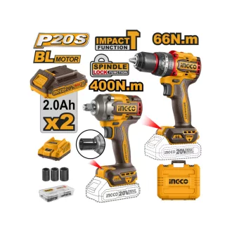   INGCO Akumulátorový silový set 20 V Príklepová vŕtačka-skrutkovač 66 Nm + Príklepový skrutkovač 1/2" 405 Nm (2 ks akumulátor + nabíjačka)