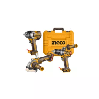   INGCO Akumulátorový výkonový set 20 V Vŕtačka-skrutkovač 96 Nm + Uhlová brúska 115 mm + Rázový skrutkovač 850 Nm