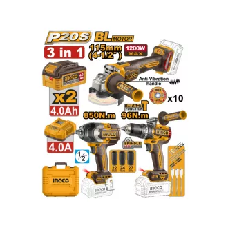   INGCO Akumulátorový výkonový set 20 V Vŕtačka-skrutkovač 96 Nm + Uhlová brúska 115 mm + Rázový skrutkovač 850 Nm
