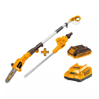  INGCO Nabíjateľný výškový záhradnícky strihač 460 mm a rezací stroj na konáre 200 mm 0-400 mm 20 V (1 x 2,0 Ah batéria + nabíjačka)