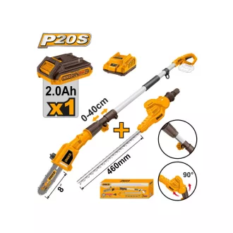   INGCO Nabíjateľný výškový záhradnícky strihač 460 mm a rezací stroj na konáre 200 mm 0-400 mm 20 V (1 x 2,0 Ah batéria + nabíjačka)