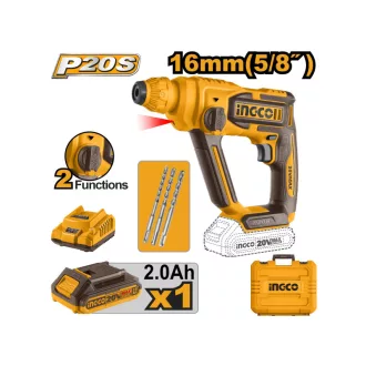   INGCO Akumulátorové uderné vŕtacie kladivo 1,5 J SDS-Plus bezuhlíkové 20 V (1 x 2,0 Ah batéria + nabíjačka)