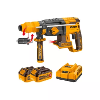   INGCO Akumulátorové kombinované kladivo 2,5 J SDS-Plus / bezuhlíkové, rýchla výmena kefiek 20 V (2 x 4,0 Ah akumulátor + nabíjačka)