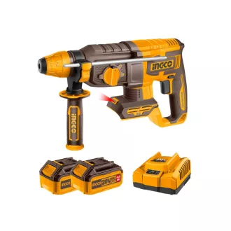   INGCO Kombinovaný nabíjateľný kladivo 2,5 J SDS-Plus bez uhlíkových kefiek 20 V (2 x 4,0 Ah baterka + nabíjačka)
