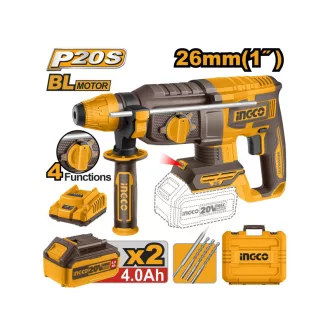   INGCO Kombinovaný nabíjateľný kladivo 2,5 J SDS-Plus bez uhlíkových kefiek 20 V (2 x 4,0 Ah baterka + nabíjačka)