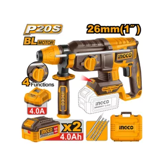   INGCO Akumulátorový kombinovaný kladivo 2,5 J SDS-Plus bez uhlíkových kefiek 20 V (2 x 4,0 Ah batérie + nabíjačka)