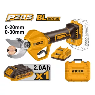   INGCO Akumulátorové záhradné nožnice 30 mm bez uhlíkových kefiek 20 V (1 x 2,0 Ah akumulátor + nabíjačka)