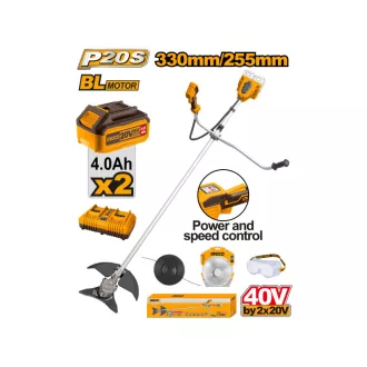   INGCO Akumulátorový krovinorez 330 mm bez uhlíkových kefiek 2 x 20 V (2 x 4,0 Ah batéria + nabíjačka)