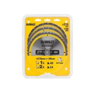   DEWALT CONSTRUCTION Sada pílových kotúčov 3 diely, na klince do dreva 216 x 30 x 2,6 mm / 2 x 24T + 40T