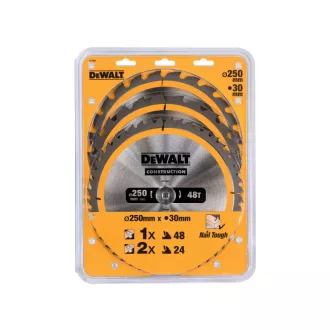   DEWALT CONSTRUCTION Sada pílových kotúčov 3-dielna na klincované drevo 250 x 30 x 2,6 mm / 2 x 24T + 48T