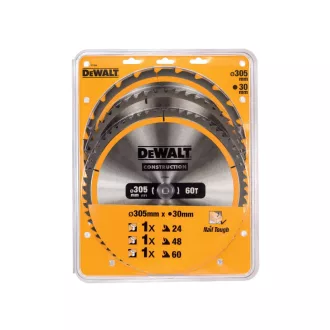   DEWALT CONSTRUCTION Sada pílových kotúčov na klince do dreva 3-dielna 305 x 30 x 3,0 mm / 24T + 48T + 60T