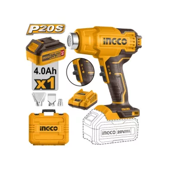   INGCO Batériová teplovzdušná pištoľ 550°C 20 V (1 x 4,0 Ah batéria + nabíjačka)