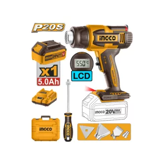   INGCO Aku horúci vzduch 550°C s LCD displejom 20 V (1 x 5,0 Ah akumulátor + nabíjačka)
