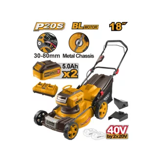   INGCO Akumulátorová kosačka 460 mm 2 x 20 V bezuhlíková (2 x 5,0 Ah batéria + 4,0 A dvojitá nabíjačka)