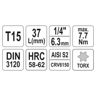 YATO nástrčný kľúč na bity Torx 1/4" T15 CrV