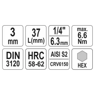 YATO nástrčný kľúč na bity Allen 1/4" 3 mm CrV