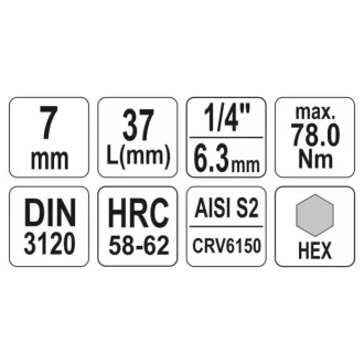 YATO nástrčný kľúč na bity Allen 1/4" 7 mm CrV