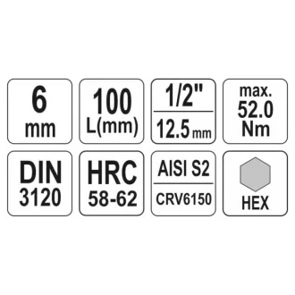   YATO Dlhý nástrčný kľúč na bity Allen 1/2" 6 mm CrV