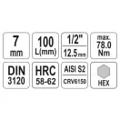 YATO Dlhý nástrčný kľúč na bity Allen 1/2" 7 mm CrV
