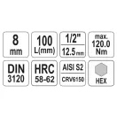 YATO Dlhý nástrčný kľúč na bity Allen 1/2" 8 mm CrV