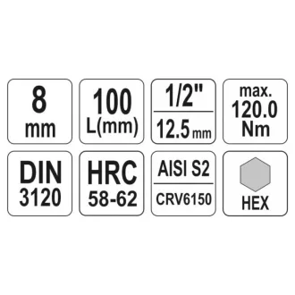   YATO Dlhý nástrčný kľúč na bity Allen 1/2" 8 mm CrV