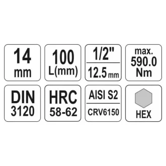   YATO Dlhý nástrčný kľúč na bity Allen 1/2" 14 mm CrV
